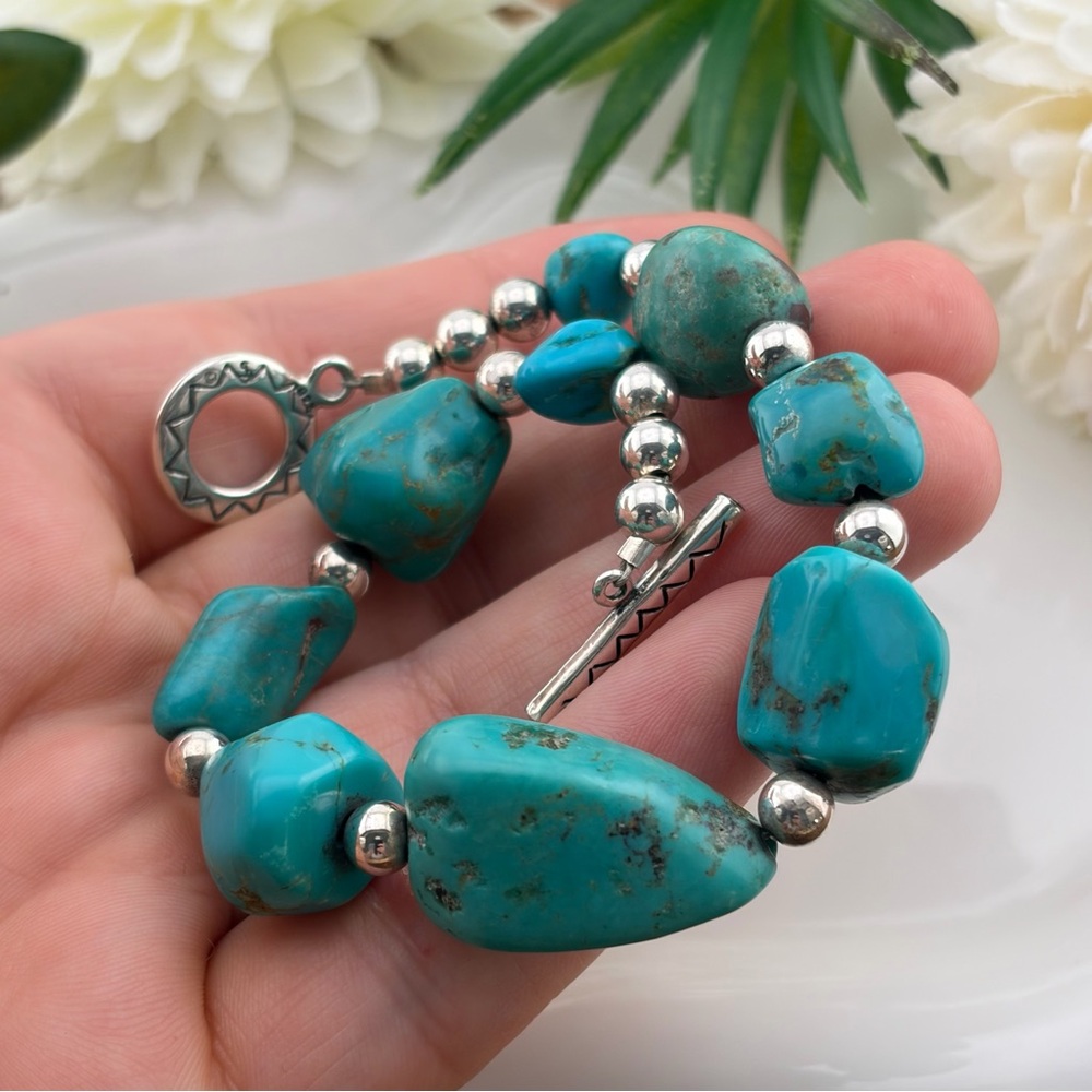 Vintage Sterling Silver 925 Turquoise Nugget Bracelet Boho Southwest Style - Picture 7 of 11